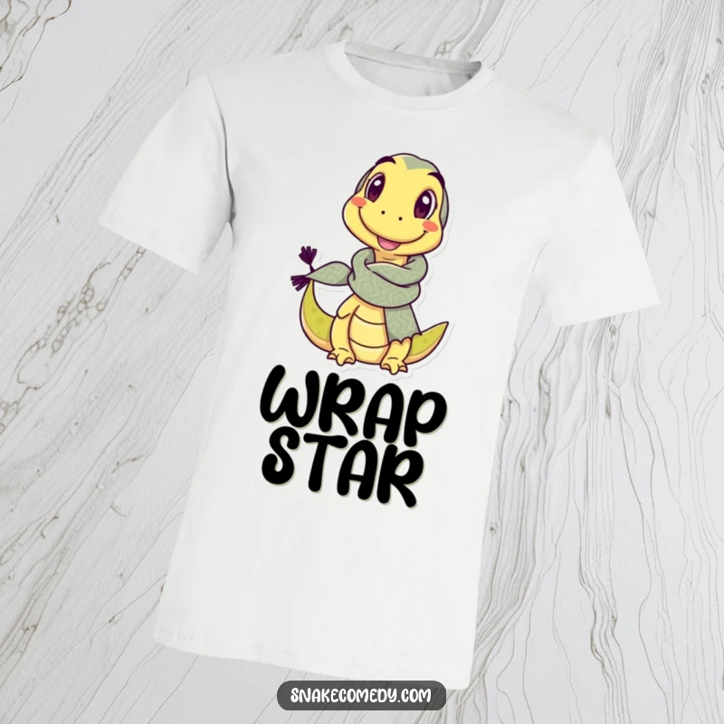 Funny t-shirt showcasing a delighted snake character with a comically large, patterned scarf, giving a playful wink.
