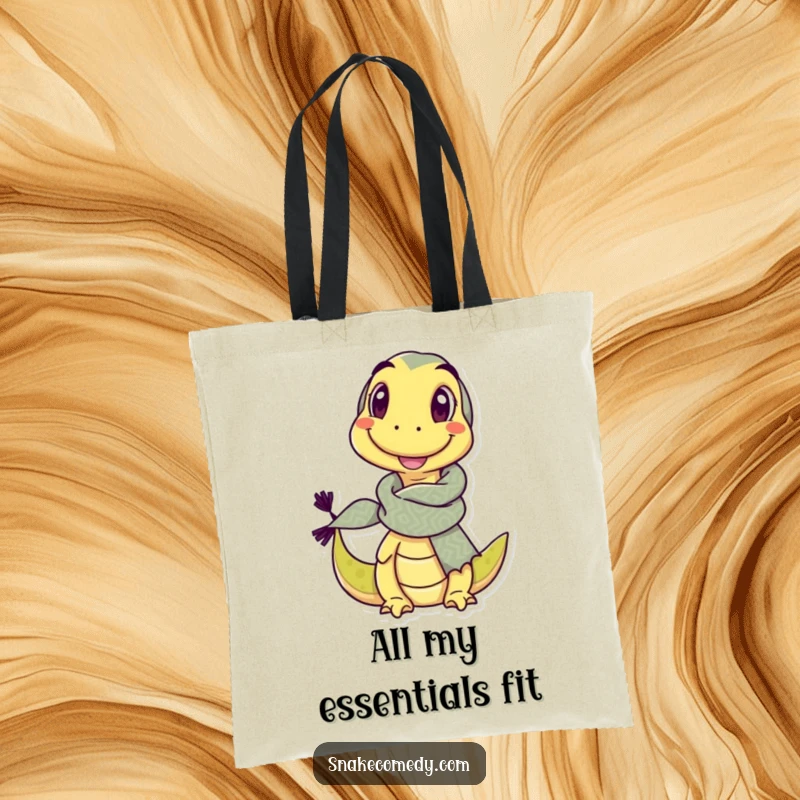 Funny tote bag with a delighted snake character wearing a comically large scarf and a playful, winking eye.