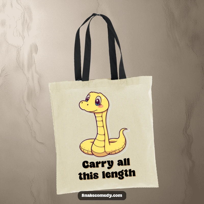 Funny tote bag featuring a snake stretching vertically, eyes wide with a comically surprised expression, perfect for carrying joy.