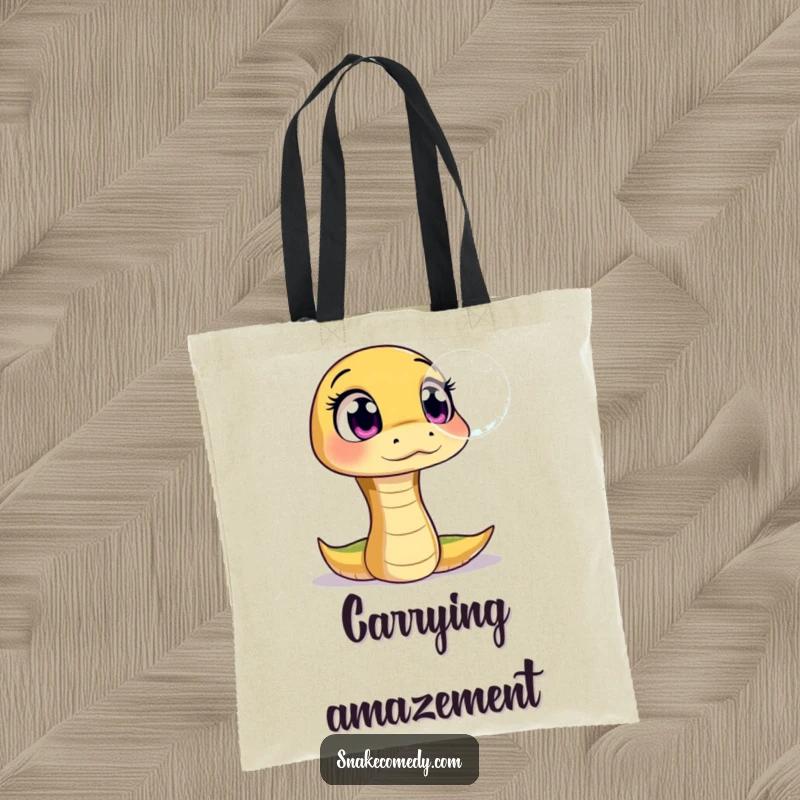 Funny tote bag with a snake character showing wide, amazed eyes at a floating, shimmering bubble, perfect for curious souls.