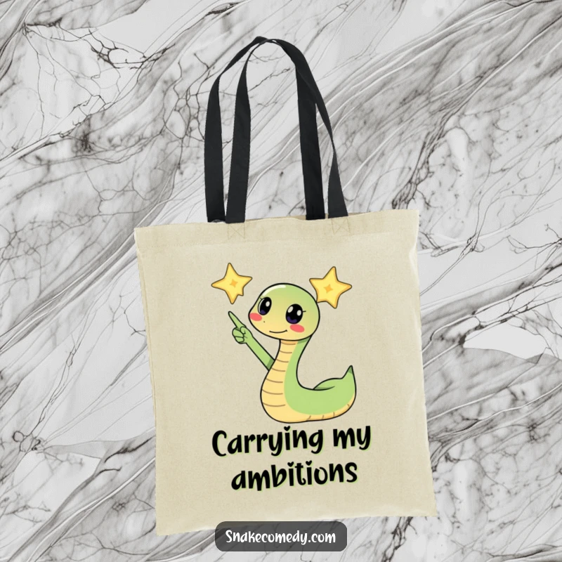 Funny snake excitedly pointing its head towards a twinkling star on a tote bag, a practical and inspirational accessory.