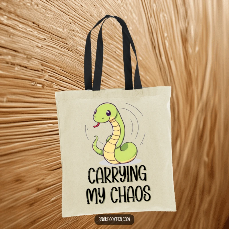 Funny snake tote bag featuring a snake comically spinning in pursuit of its tail, ideal for carrying items with humor.