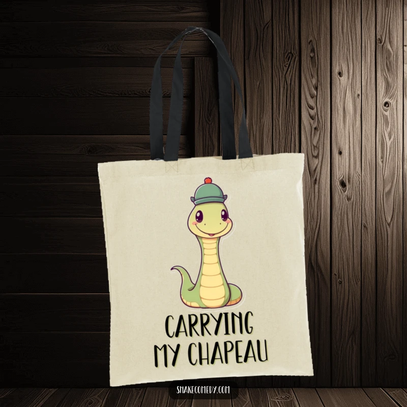 Funny Snake Hat Tote Bag: A humorous tote showcasing a snake happily balancing a small, round hat on its head.