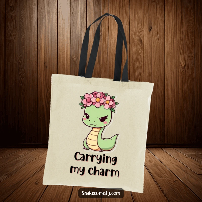 Funny snake character with a flower crown giving a sly wink, beautifully illustrated on a practical and humorous tote bag for everyday use.