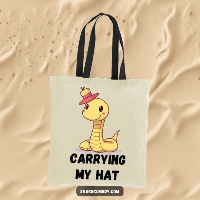 Funny Snake Hat Tote Bag: A smiling snake with a confident smirk is shown perfectly balancing a charming little hat.