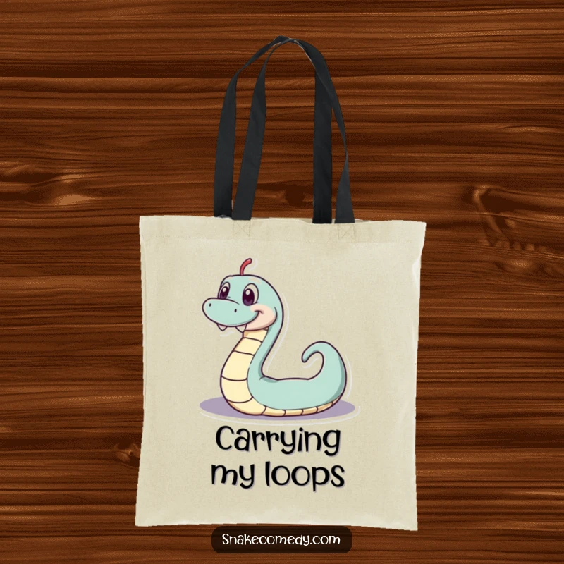 Funny serpentine tote bag, playful snake with a wide grin wiggling in a loop, perfect for carrying essentials, a funny gift.
