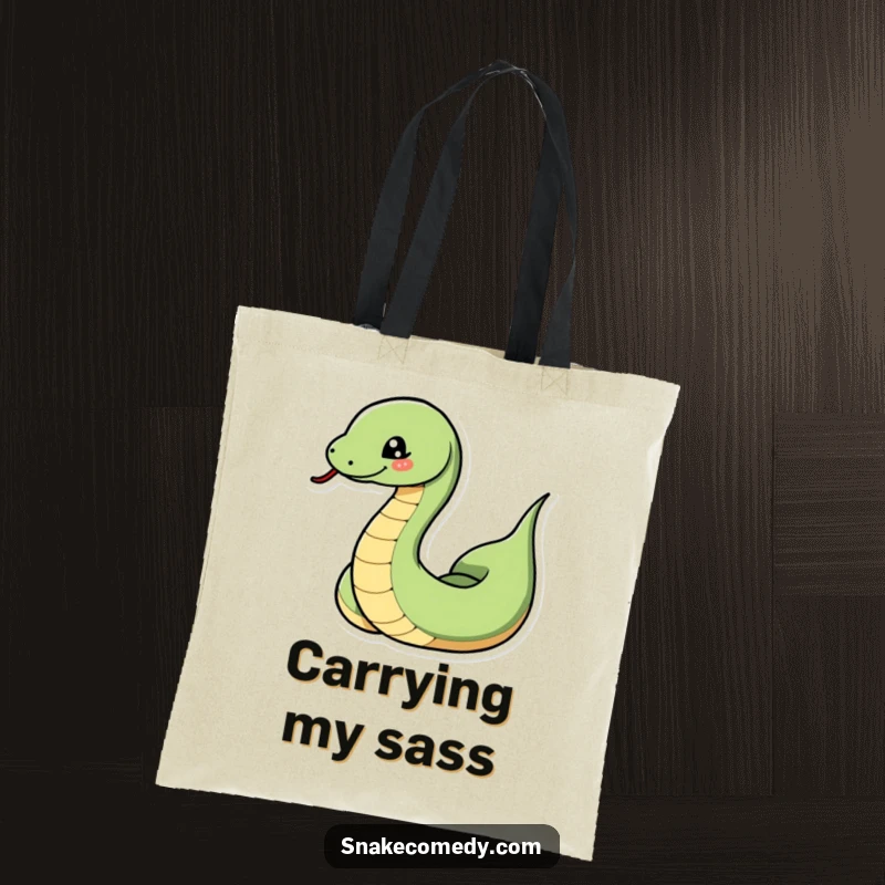 Funny snake tote bag with a snake dramatically coiling and uncoiling with a playful wink, ideal for carrying items with flair.