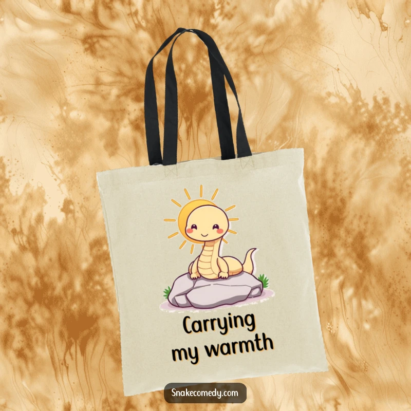Funny snake tote bag depicting a contented snake sunning on a rock, a humorous accessory for everyday use.