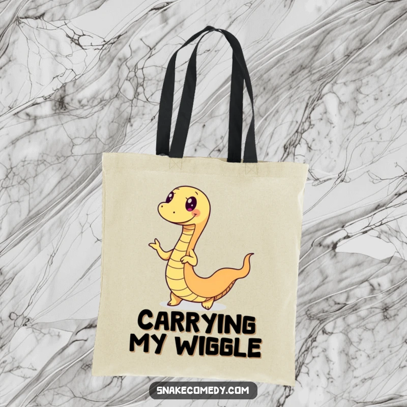 Funny snake tote bag showcasing a serpent doing a fun wiggle dance, its body in dynamic motion, ready for errands.
