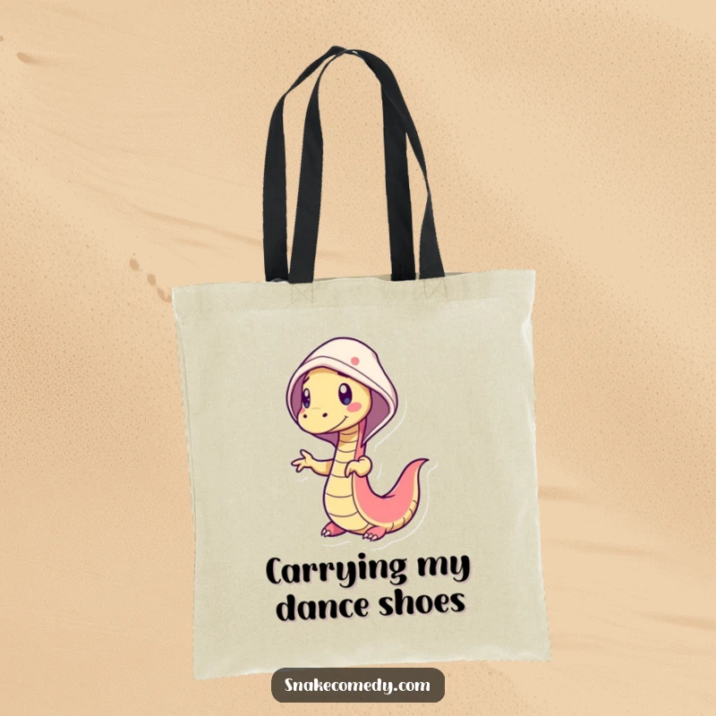 Funny snake tote bag illustrating a wiggly snake character performing a silly dance with a cheerful hood, radiating fun.