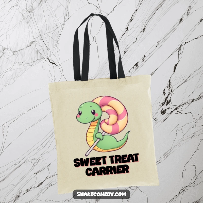 Funny tote bag with a happy snake character wrapped around a huge, delicious lollipop, perfect for carrying essentials with joy.