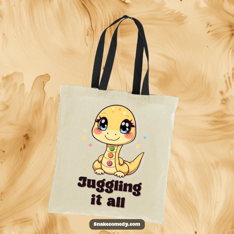 Funny tote bag depicting a snake with sparkling eyes, skillfully juggling three shiny buttons, ready for adventure.