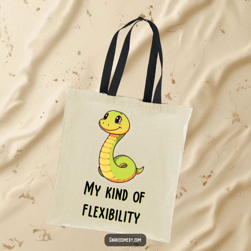 Funny snake character with a wide grin, playfully coiling, depicted on a practical and humorous tote bag for carrying everyday items.