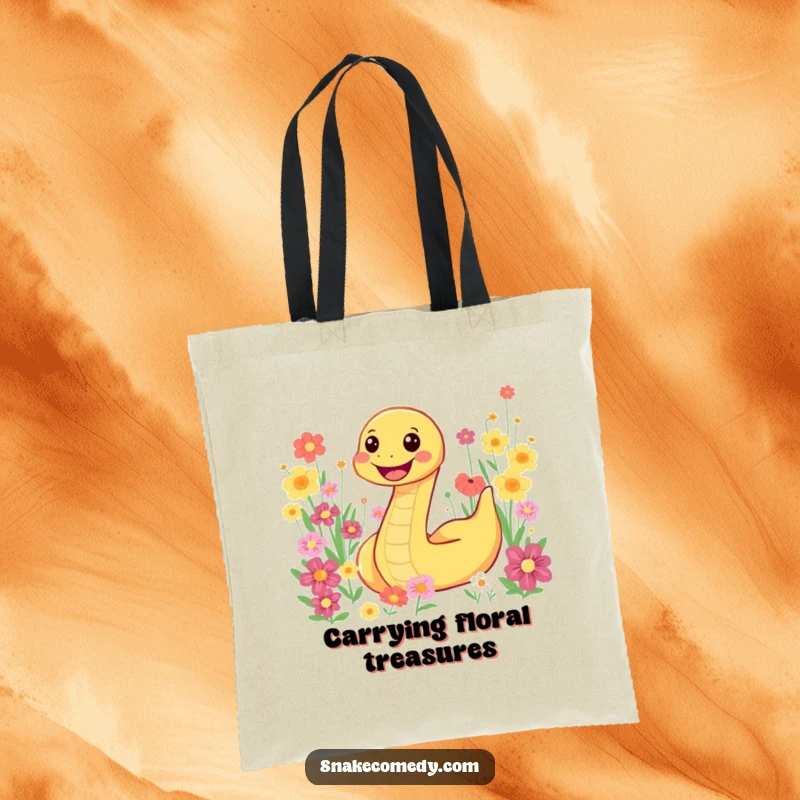 Funny smiling snake character slithering through a colorful flower field on a durable tote bag, bringing joy to your day.