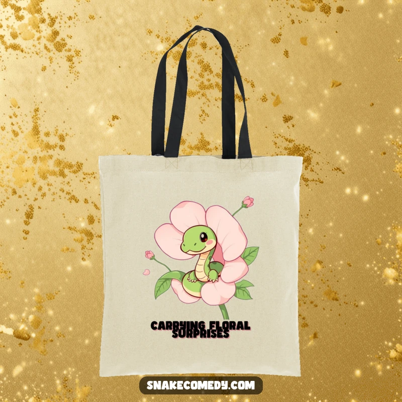 Funny tote bag showcasing a sweet snake peeking out from inside a vibrant flower, adding a pop of color and playful charm to your day.
