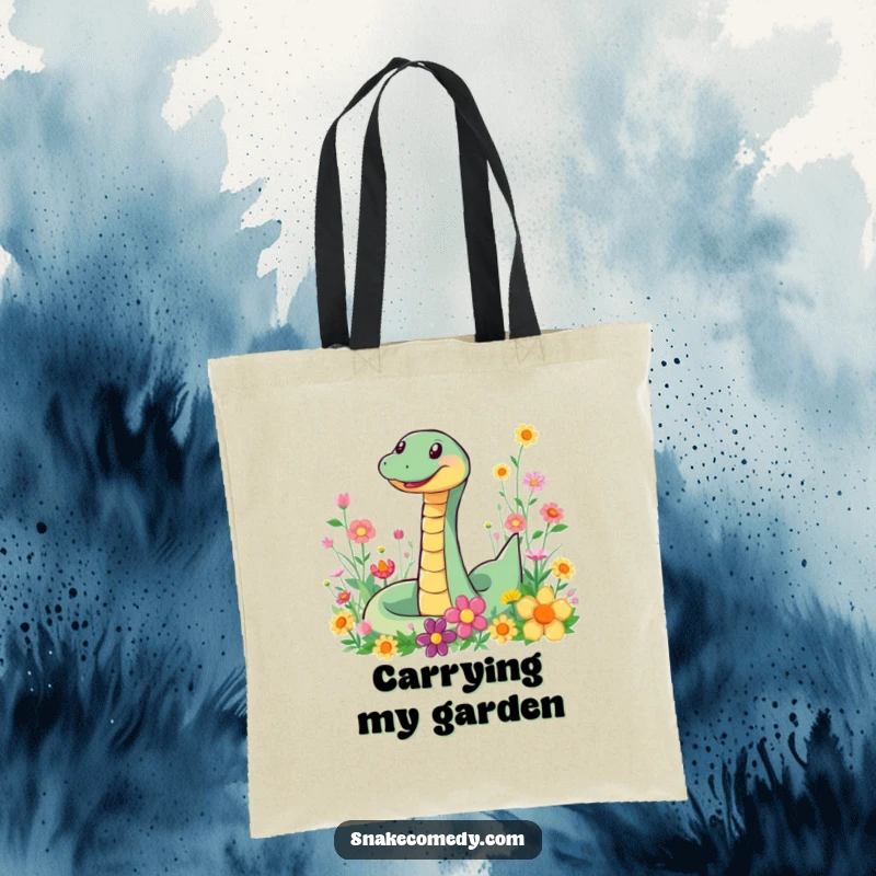Funny Snake Flower Tote Bag: A humorous tote featuring a smiling snake joyfully slithering through a colorful field of flowers.