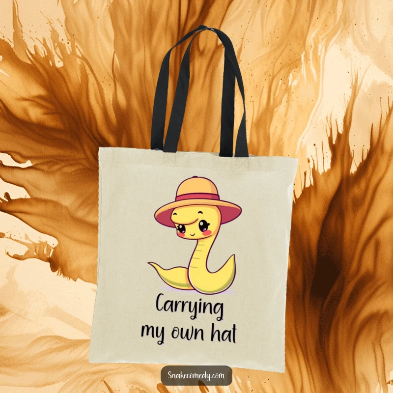 Funny snake character happily balancing a small round hat on a durable tote bag, adding chic charm to your day.