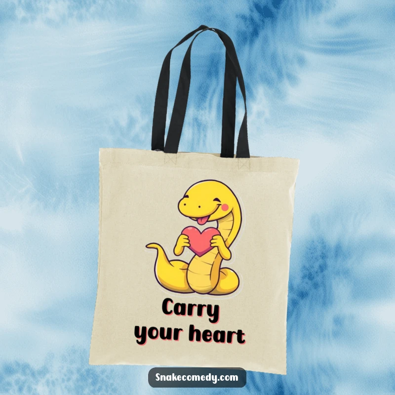 Funny snake tote bag with a charming snake forming a heart shape, perfect for carrying essentials with a loving and humorous touch.