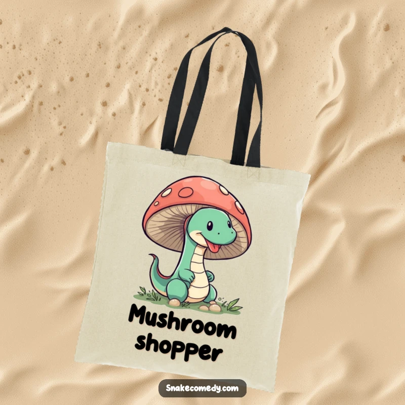 Funny Snake Mushroom Tote Bag: A sneaky snake is humorously shown peeking from behind a large mushroom, adding a playful surprise.