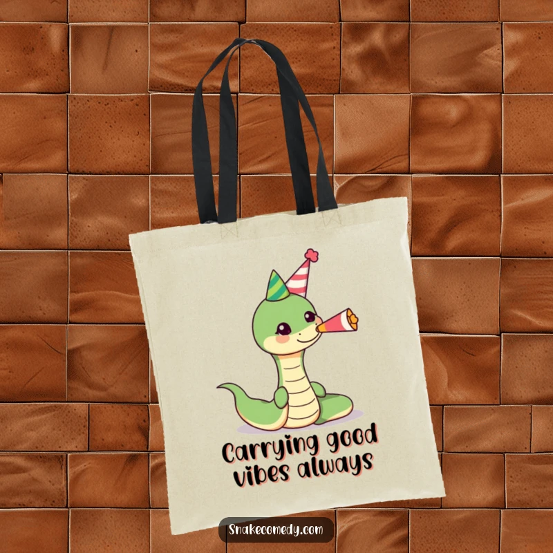 Funny snake wearing a party hat, blowing a cheerful party horn on a tote bag, a fun and functional accessory for any occasion.
