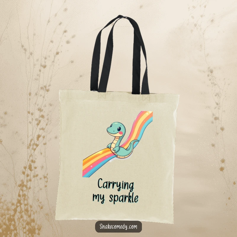 Funny snake tote bag, spacious and sturdy, depicting a snake comically sliding down a shimmering rainbow ribbon, great for shopping.