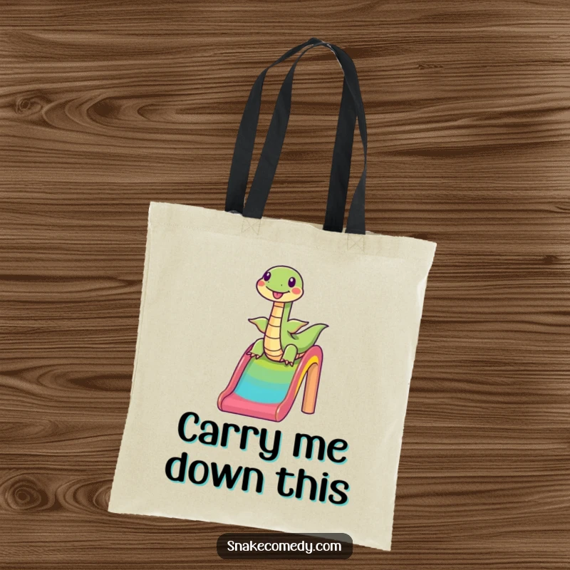 Funny snake sliding down a rainbow slide, cheerful cartoon, durable tote bag, perfect cute and funny gift.