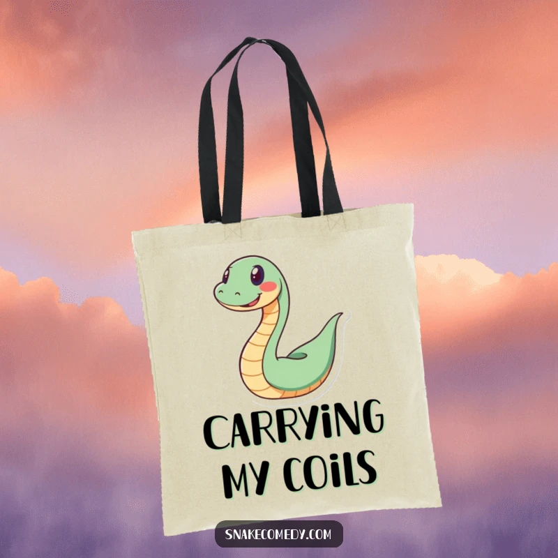 Funny snake tote bag showcasing a grinning serpent playfully slithering into a spiral, embodying fun and playful energy.