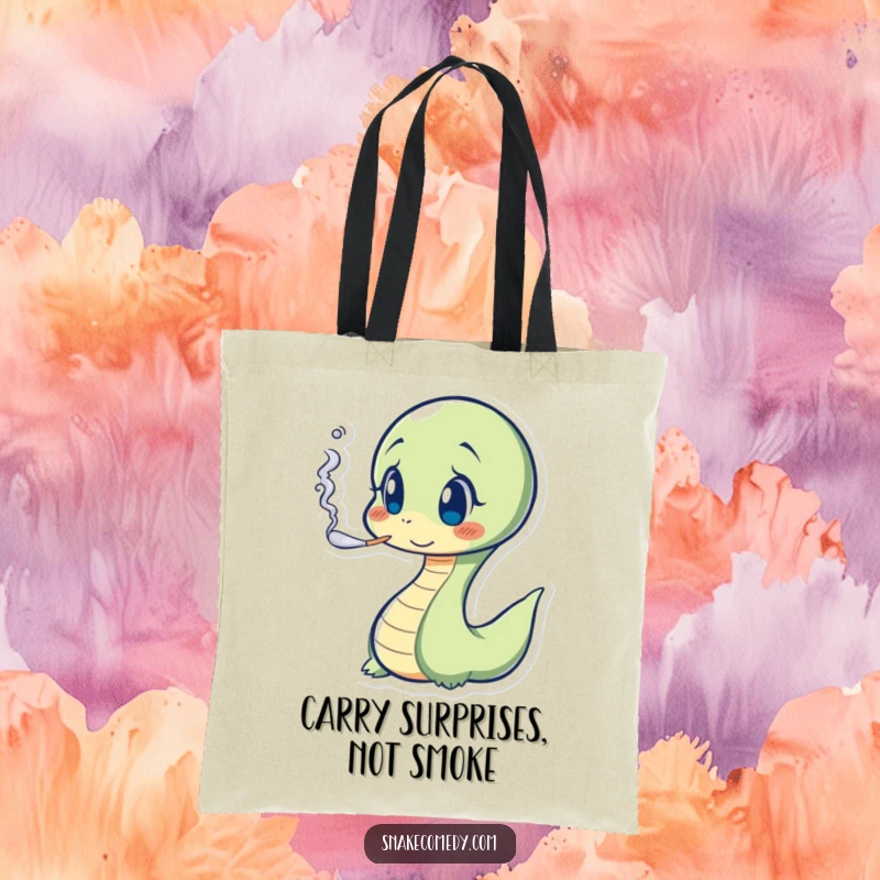 Funny Snake Tote Bag: surprised serpent character, blowing a puff of smoke, unique humorous accessory.