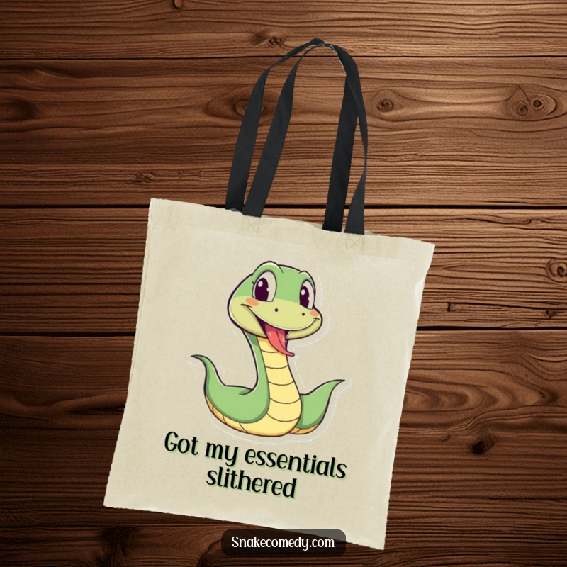 Funny snake tote bag showcasing a cartoon snake wiggling energetically with its tongue sticking out playfully, a stylish and amusing accessory.