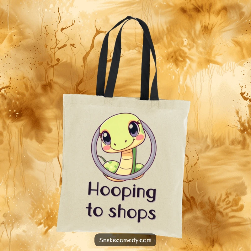 Funny kawaii snake hoop tote bag, showing a curious snake squeezing through a hoop, perfect for carrying items with quirky flair.