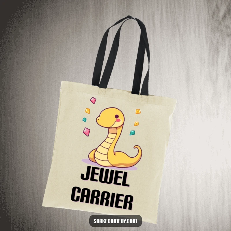 Funny tote bag with a grinning, wiggling snake character juggling three sparkling gems, perfect for stylish and humorous errands.