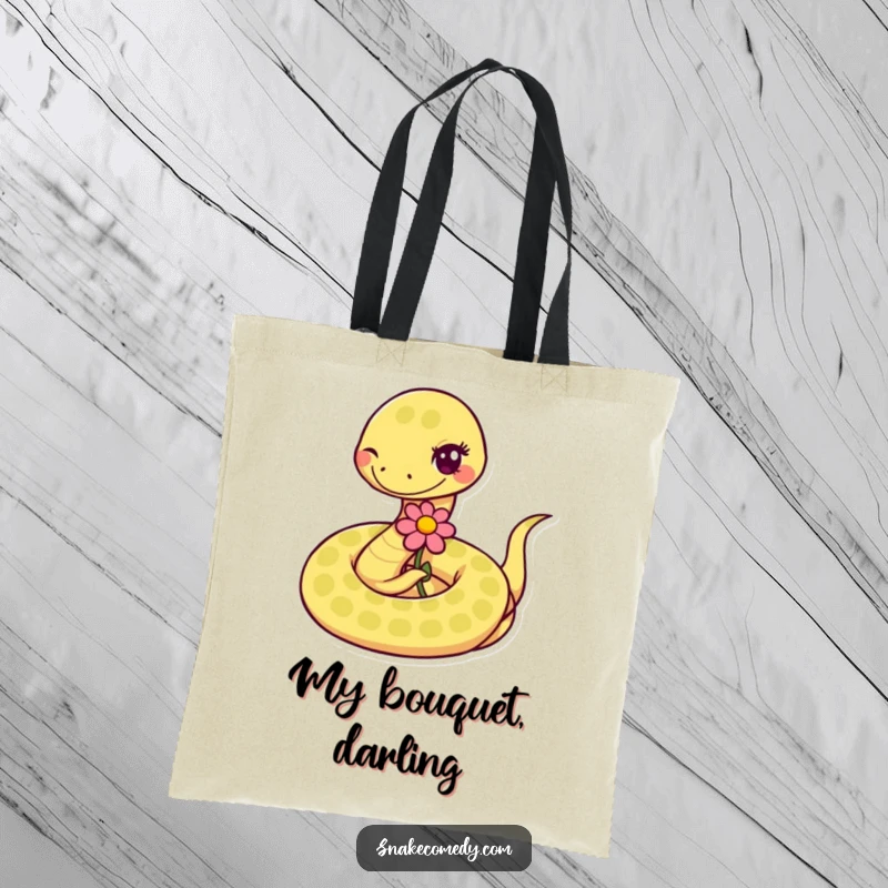 Funny coiled snake, winking and offering a flower, printed on a tote bag for a humorous and stylish carry.