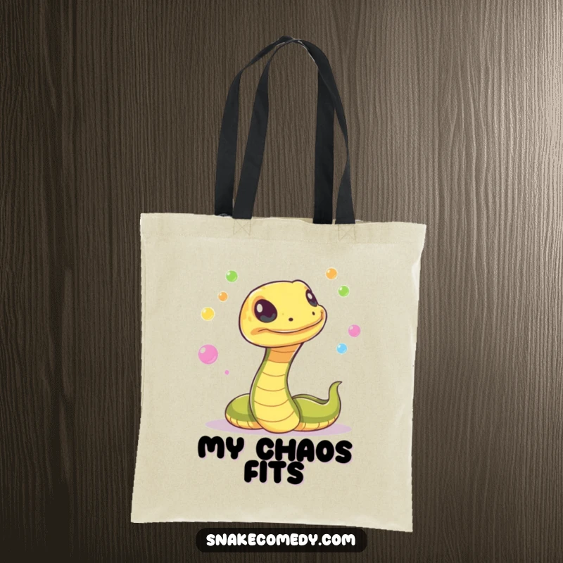 Funny snake with a mischievous flicker, juggling colorful, glowing orbs on a tote bag, a stylish and practical holder of wonders.