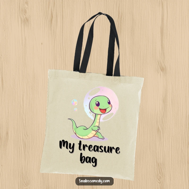 Funny tote bag with a small, happy snake playfully chasing a beautiful iridescent soap bubble, perfect for carrying essentials with joy.