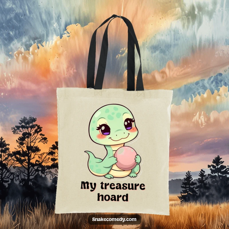 Funny tote bag featuring a mischievous snake character winking and offering a shiny pebble, perfect for carrying essentials with style.