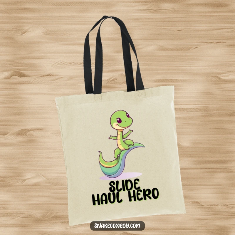 Funny tote bag with a giddy snake character balancing on a winding slide, perfect for carrying necessities with humor.