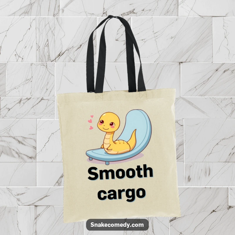 Funny tote bag depicting a coiled snake character sighing contentedly after a smooth slide down a ramp, perfect for carrying essentials.